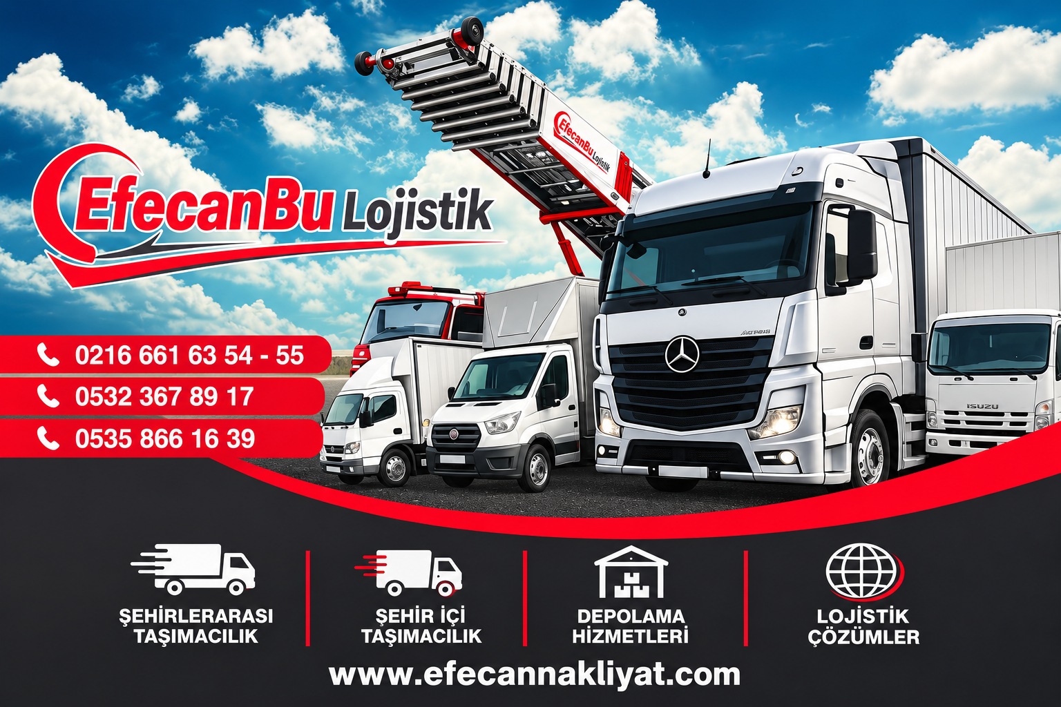 EfecanBu Lojistik logosu, araç filosu ve iletişim bilgileri — düzenlenmiş görsel